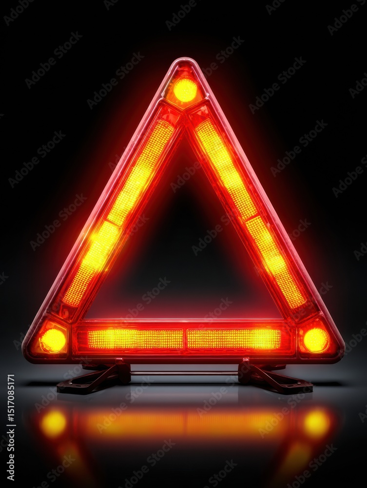 Poster warning triangle with blinking lights illuminating a dark background at night for roadside safety