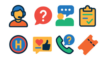 Flat vector icons of customer service and help: support agent, FAQ icon, live chat, support form, help center, feedback icon, phone support, ticket system.