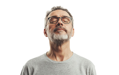 Mid aged man practicing deep breathing exercises to promote calm and mindfulness isolated on transparent background PNG