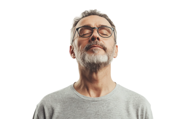Mid aged man practicing deep breathing exercises to promote calm and mindfulness isolated on transparent background PNG