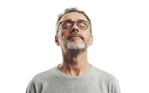 Mid aged man practicing deep breathing exercises to promote calm and mindfulness isolated on transparent background PNG