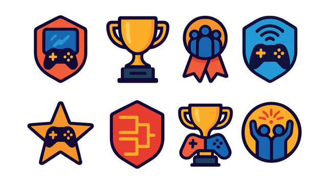 Flat vector icons of esports events and gatherings: esports LAN party badge, world championship finals trophy, team meet-up medal, online qualifier badge, gamer convention event star, local