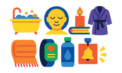 Flat vector icons of self-care and wellness: bath soak, mindfulness face, candle and book, tea and robe, cozy blanket, wellness tracker, hydration bottle, gentle reminder icon.