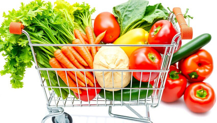 Shopping cart filled with fresh vegetables including carrots tomatoes and leafy green produce for health created with generated ai
