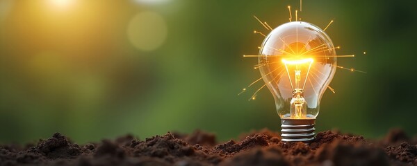 Bright light bulb glows in soil, green energy, eco innovation, nature, earth, power generation. Sustainability concept with tree leaves, ecology, saving planet by renewable energy. Business future.