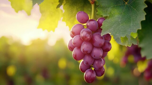 Fresh Purple Grapes Hanging from Vine in Beautiful Vineyard at Sunset with Soft Glowing Light