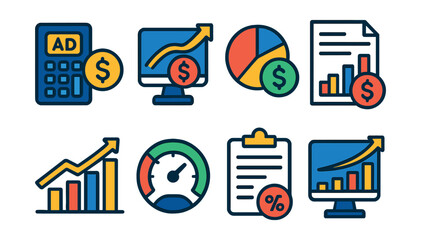 Flat vector icons of advertising ROI and budget: ad spend calculator, ROI tracker, budget allocation pie, cost breakdown report, campaign profit chart, performance-to-spend gauge, media buy planning,
