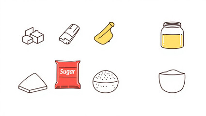 Illustration showing different types of sugar including cubes, packets, and a jar of honey for sweetening created with generated ai