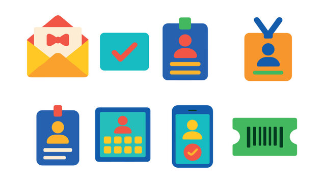 Flat vector icons of guest management and RSVP: invitation envelope, RSVP card, guest list icon, check-in badge, name tag icon, seating assignment chart, attendee registration screen, ticket barcode.