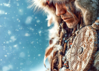 Naklejka premium Portrait of a man shaman dressed in traditional attire standing in snowy landscape during wintertime with a contemplative expression