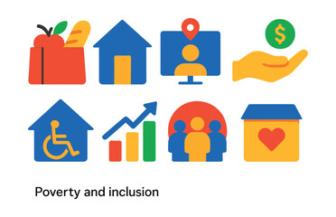 Obraz premium Flat vector icons of poverty and inclusion: food assistance icon, shelter home symbol, job access board, financial aid hand, inclusive housing icon, equal opportunity chart, underserved community