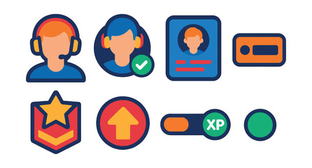 Flat vector icons of gamers and profiles: gamer avatar icon, online player badge, profile card screen, nickname tag icon, rank tier emblem, level-up badge, XP bar icon, online status bubble.