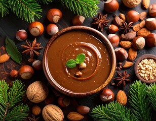 Wooden bowl of chocolate hazelnut spread, surrounded by nuts and spices