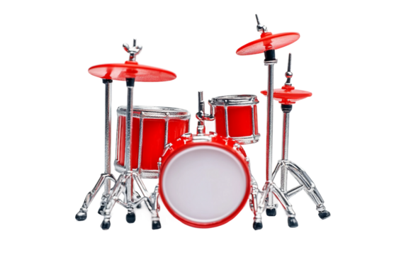 Tiny musical drum set miniature model featuring bold red drums and metallic accents isolated on transparent background PNG - Powered by Adobe