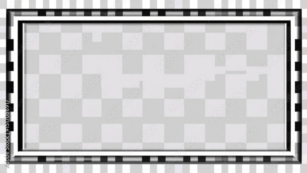 Poster rectangular frame with black and white checkered border and transparent checkered background inside 