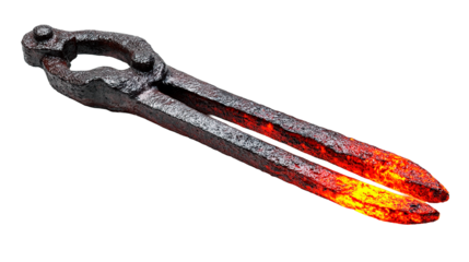 Close-up shot of blacksmith's tongs, glowing red from intense heat in the forge.