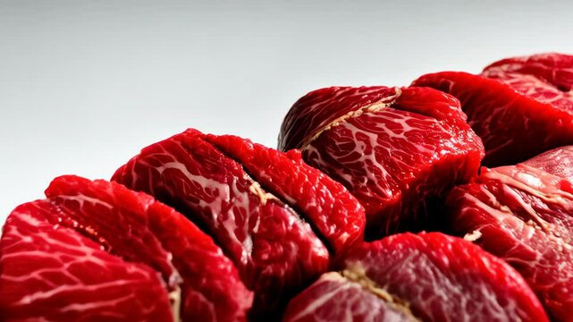 Pile of fresh raw beef tenderloin steaks on a light background, high-angle, macro view showing marbling, juicy red meat, for cooking