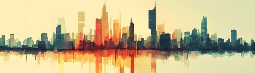 Obraz premium A stunning abstract skyline at sunset, showcasing vibrant colors reflecting off the water. This visual evokes feelings of tranquility and urban beauty in a modern cityscape.