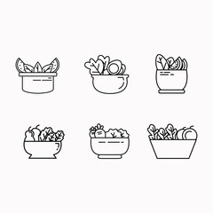Minimalist Salad Icon Set: Six Black & White Line Art Illustrations of Fresh Vegetable & Fruit Bowls for Healthy Eating & Diet Concepts
