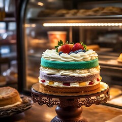 Vibrant Layered Cake. A colorful layered cake decorated with fresh berries and whipped cream, displayed on a decorative stand in a bakery. 