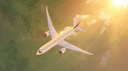 Naklejka premium Elegant Airplane Flying Above Vast Landscape at Sunrise