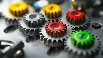 Close-up of colorful gears in a mechanical system, showcasing precision engineering and intricate design. Ideal for industry-related projects, conveying innovation and technology.