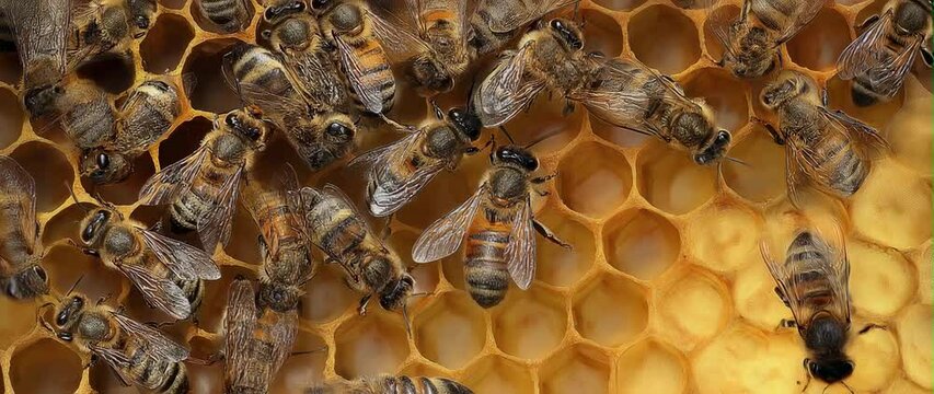 Anamorphic video close up bees on honey comb in bee hive