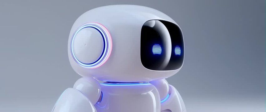 Anamorphic video Cute 3D mini robot character animation. Artificial intelligence virtual assistant robot