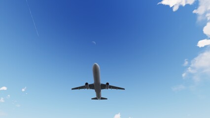 Airplane flying in the sky. Travel background