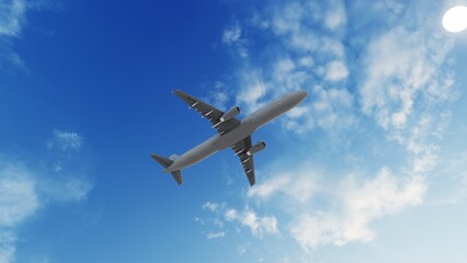 Airplane flying in the sky. Travel background