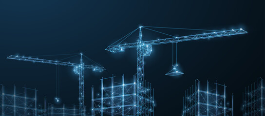 Construction. Polygonal wireframe building under crune on dark blue night sky with dots, stars.
