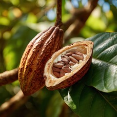 Fresh Cocoa Pod Open Revealing Seeds on Green Tropical Leaves