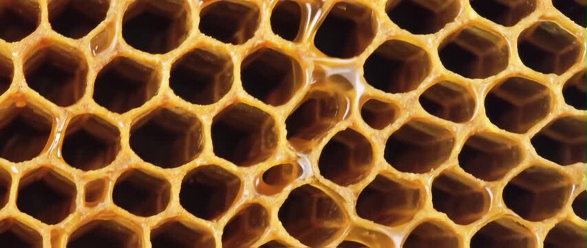 Anamorphic video Thick sweet honey fills the hexagonal cells of honeycombs. Honeycomb frame with golden organic honey