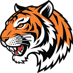 Illustration of a tiger head with orange and black stripes on a white background looking angry