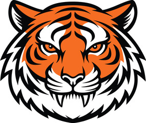 Illustration of a tiger head with orange and black stripes on a white background looking forward