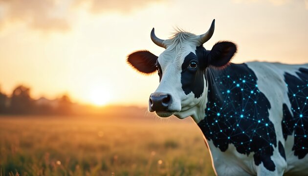 Dairy cow overlaid with digital data points tech in agriculture. Smart farming, innovation, artificial intelligence for dairy cattle. Farming, tracking, research, cattle, automation. Connection to - Powered by Adobe