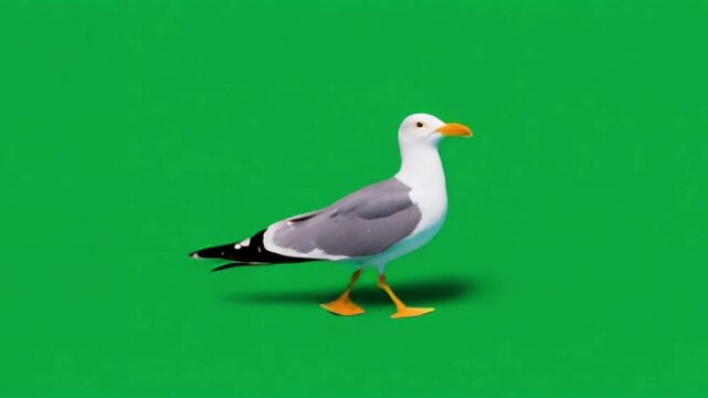 3d Seagull walking loop animation walk cycle Side Green Screen, 4k footage of Big seagull walk on chroma key, can change the background