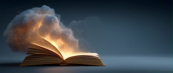 Anamorphic video World book day 3D animation. Open book with its pages transforming into clouds and fire as a rocket emerges at high speed