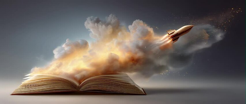 Anamorphic video World book day 3D animation. Open book with its pages transforming into clouds and fire as a rocket emerges at high speed