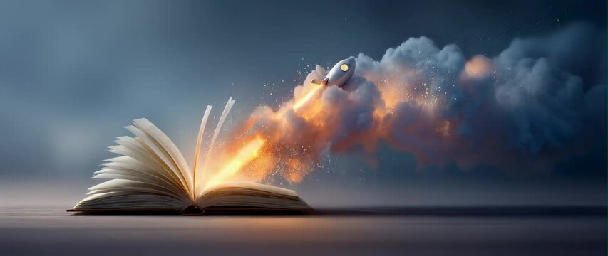 Anamorphic video World book day 3D animation. Open book with its pages transforming into clouds and fire as a rocket emerges at high speed