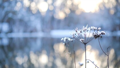 Frosty plant by a winter lake