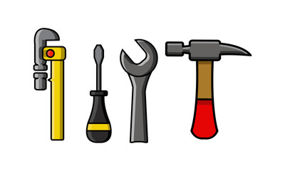 DIY Hand Tool Graphics Set: Featuring a Pipe Wrench, Phillips Screwdriver, Spanner, and Hammer in a Bold, Colorful Cartoon Illustration Style