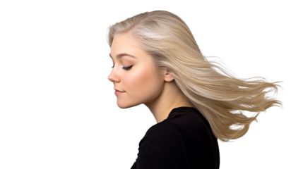 Blonde Woman Profile with Flowing Hair, cut out transparent