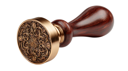 A detailed close-up of a vintage wax seal with an ornate floral design and wooden handle.