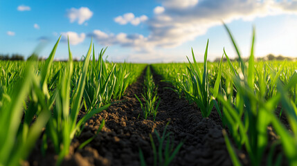 Obraz premium Green onions in field with mature plants growing green