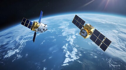 Two advanced satellites orbiting the Earth, showcasing modern technology and space exploration. A symbol of innovation and the future of science and communication in the cosmos.