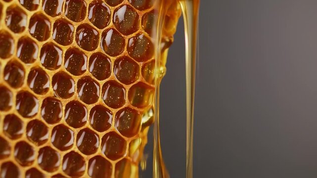 Thick sweet honey fills the hexagonal cells of honeycombs. Honeycomb frame with golden organic honey