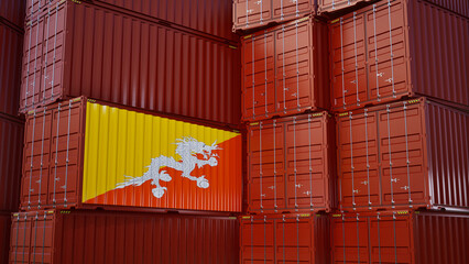 Cargo shipping container with Bhutan flag, shipping and freight transportation of Bhutan concept.
