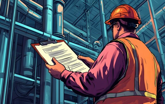 A construction worker reviewing safety documents on a job site, wearing a hard hat and safety vest, surrounded by industrial pipes, emphasizing workplace safety and compliance.