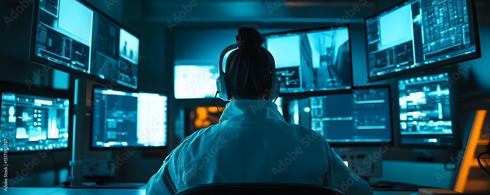 Poster a person in a white lab coat with a headset, focused on multiple computer screens displaying data an